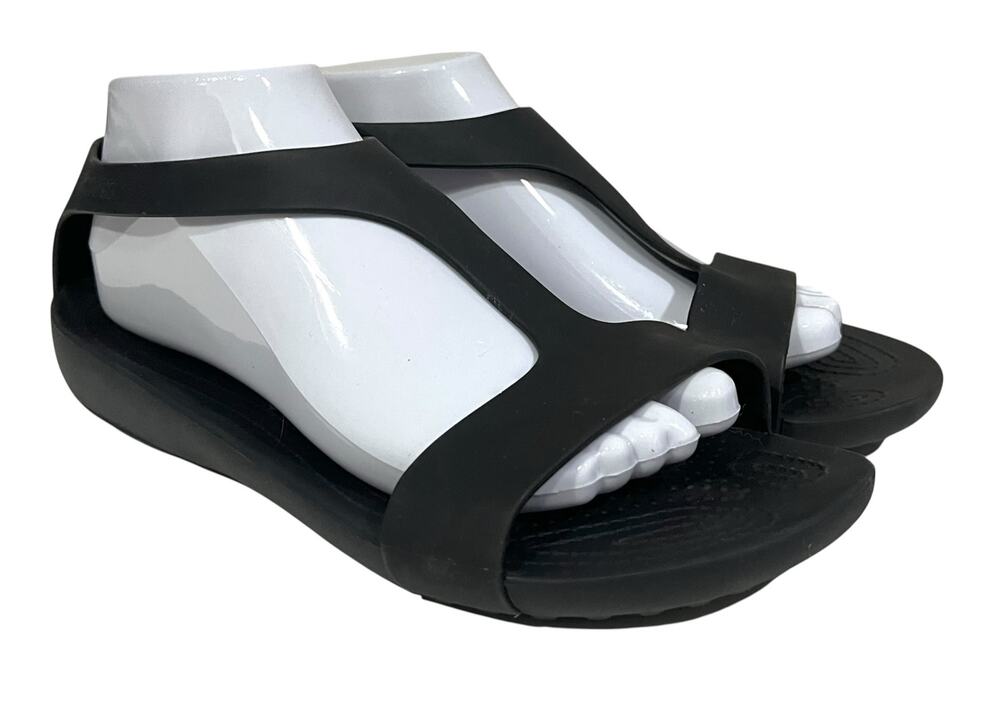 Crocs Serena Black T-Strap Slingback Comfort Flat Summer Casual Sandal Womens 10